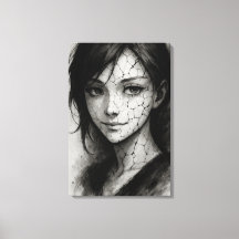 Fractured Smile – Cracked Porcelain Ink Portrait