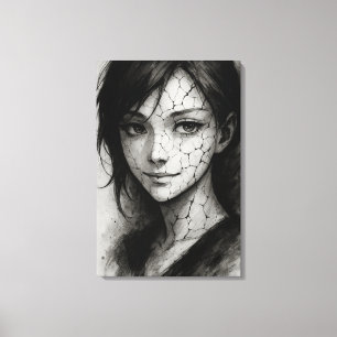 Fractured Smile – Cracked Porcelain Ink Portrait Canvas Print