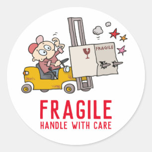 Fragile Handle With Care Funny Fork Lift Cartoon Classic Round Sticker