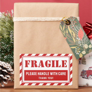 Fragile Handle With Care Red Stripes Packaging Rectangular Sticker