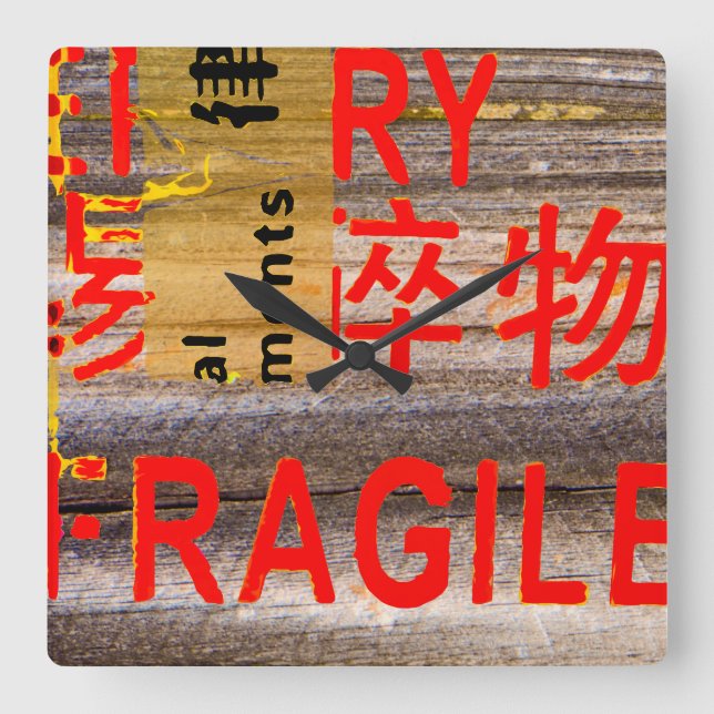 FRAGILE Markings - Torn Peeled - Wood Texture Square Wall Clock (Front)