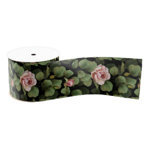 Fragile roses. Floral pattern on black Grosgrain Ribbon