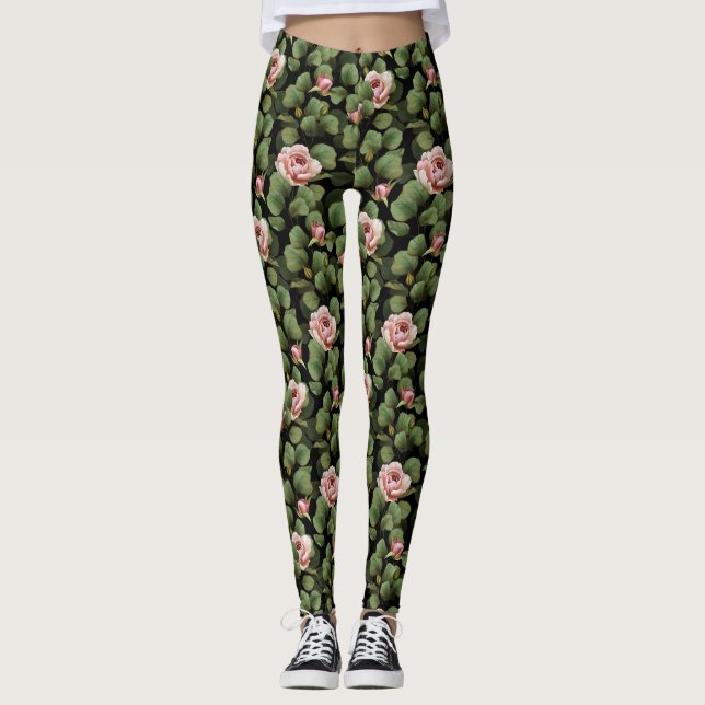 Fragile roses. Floral pattern on black Leggings (Front)