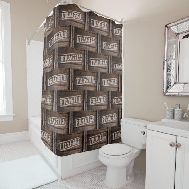 Fragile wood crate vintage shipping box shower curtain (In Situ)