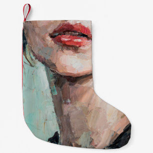 Fragment of art painting. Portrait of a girl with  Small Christmas Stocking