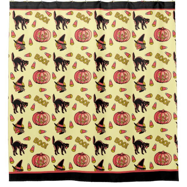 Fraidy Cat Retro Halloween Shower Curtain (Front)