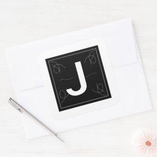 Frame and Flourish Monogram Letter J on White Square Sticker