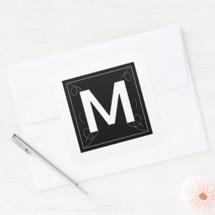 Frame and Flourish Monogram Letter M on White Square Sticker