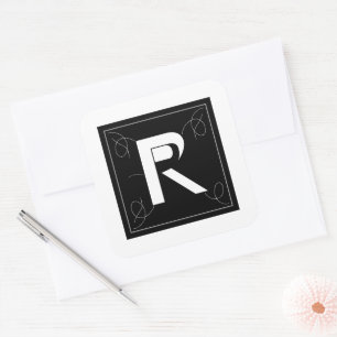 Frame and Flourish Monogram Letter R on White Square Sticker
