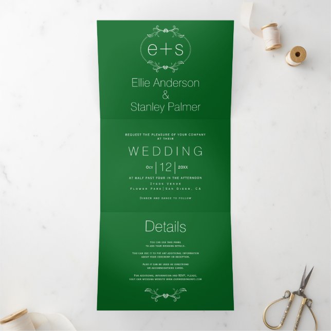 Frame and initials monogram emerald green wedding Tri-Fold invitation (Inside)