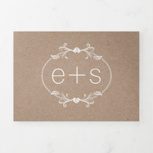 Frame and initials monogram kraft paper wedding Tri-Fold invitation