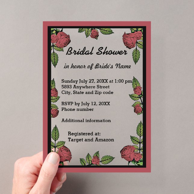 Frame and Red Roses Bridal Shower Acrylic Invitations (Insitu (Handheld))