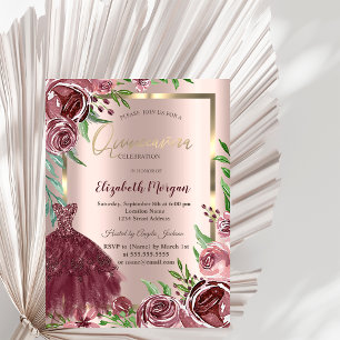 Frame,Burgundy Roses Dress Rose Gold Quinceanera Invitation