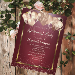 Frame Confetti Balloons Burgundy Retirement  Invitation