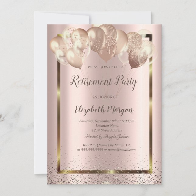  Frame Confetti Balloons Rose Gold Retirement  Invitation (Front)