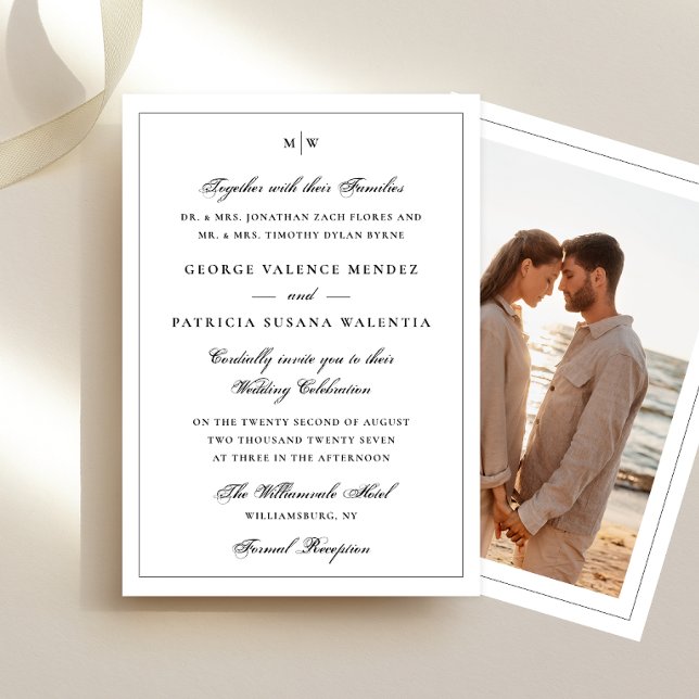 Frame Elegant Monogram White Photo Back Wedding Invitation (Creator Uploaded)