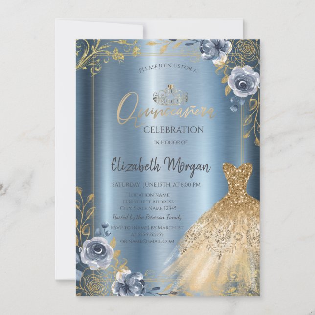 Frame Gold Dress Blue Roses Quinceañera  Invitation (Front)