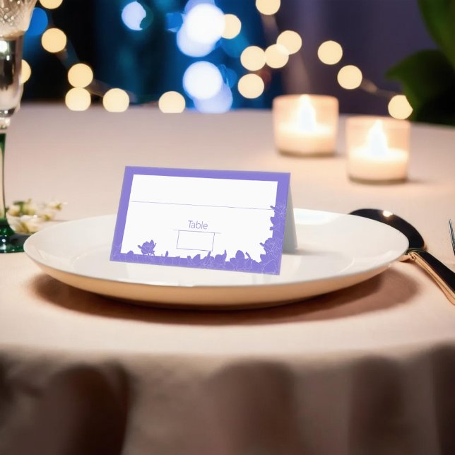 Frame lavender Purple flowers Place Card (table setting with a white plate, a purple place card, and lit candles, creating a festive and elega)