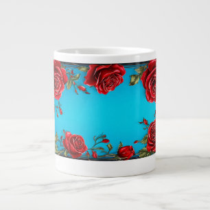 Frame of Red Roses with Decorative Green Leaves Large Coffee Mug