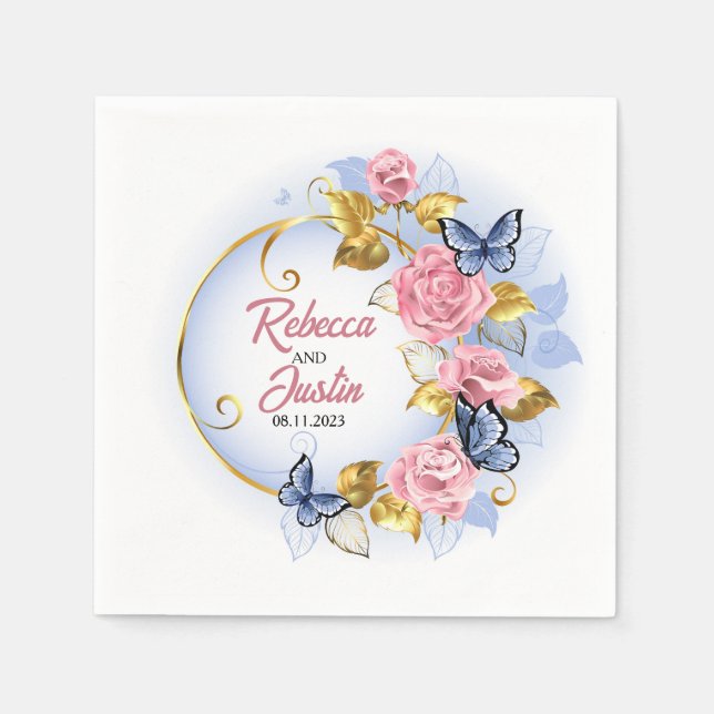 Frame Pink and Blue Roses Floral Modern Boho Napkin (Front)