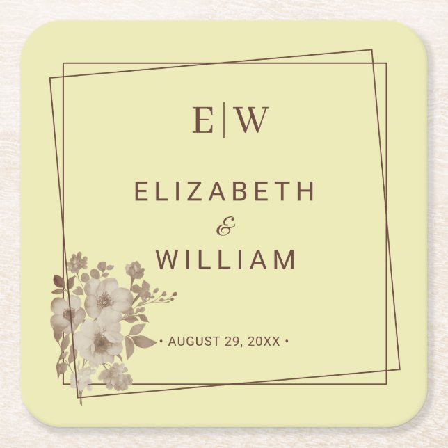  Frame & Roses, Wedding style on Celestial Yellow Square Paper Coaster (Front)