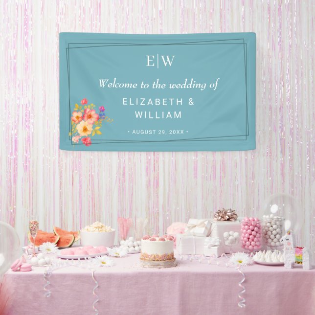  Frame with Roses, Wedding style on retro blue Banner (Party)