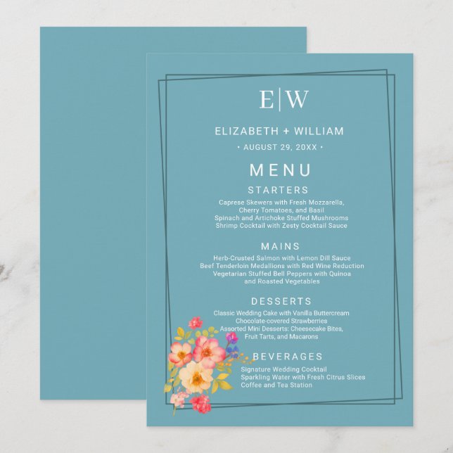  Frame with Roses, Wedding style on retro blue Menu (Front/Back)