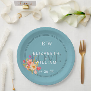 Frame with Roses, Wedding style on retro blue Pap Paper Plate