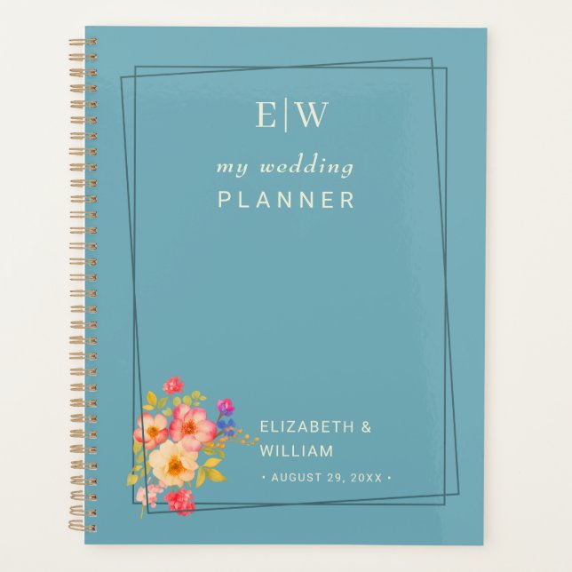  Frame with Roses, Wedding style on retro blue Planner (Front)