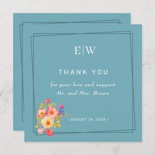 Frame with Roses, Wedding style on retro blue Thank You Card