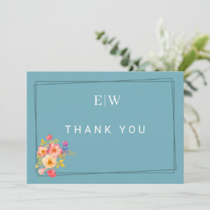 Frame with Roses, Wedding style on retro blue Thank You Card