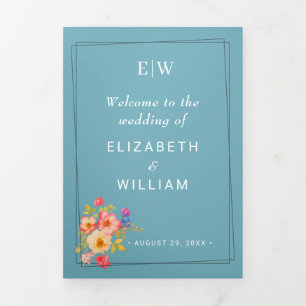 Frame with Roses, Wedding style on retro blue Tri-Fold Programme