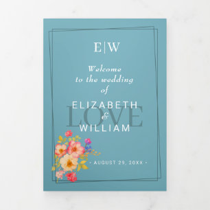  Frame with Roses, Wedding style on retro blue Tri-Fold Programme