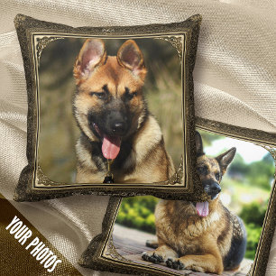 Framed 1+1 Pet Photo Keepsake, Gold/Brown Damask - Cushion