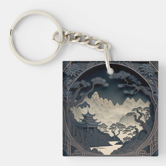 Framed 3D Chinese Landscape Grey Keychain (Front)