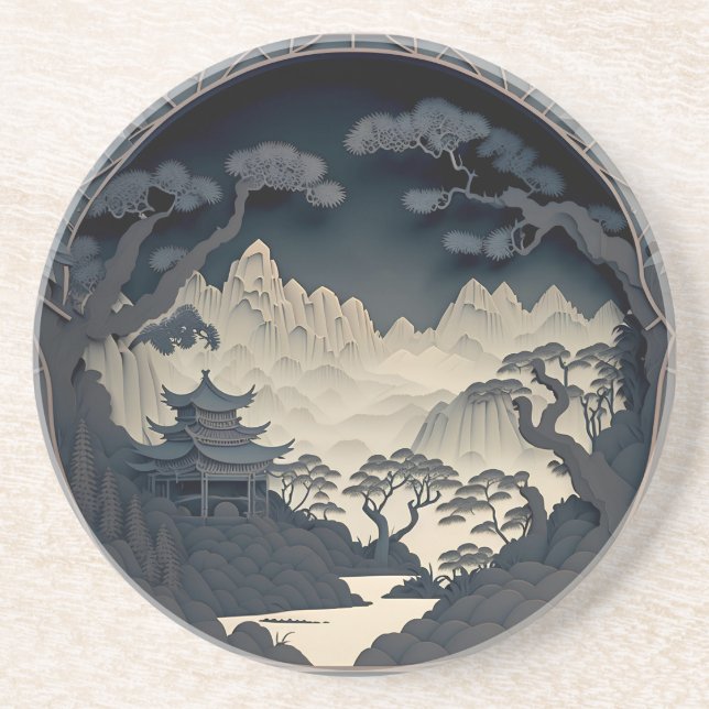 Framed 3D Chinese Landscape Grey Sandstone Coaster (Front)
