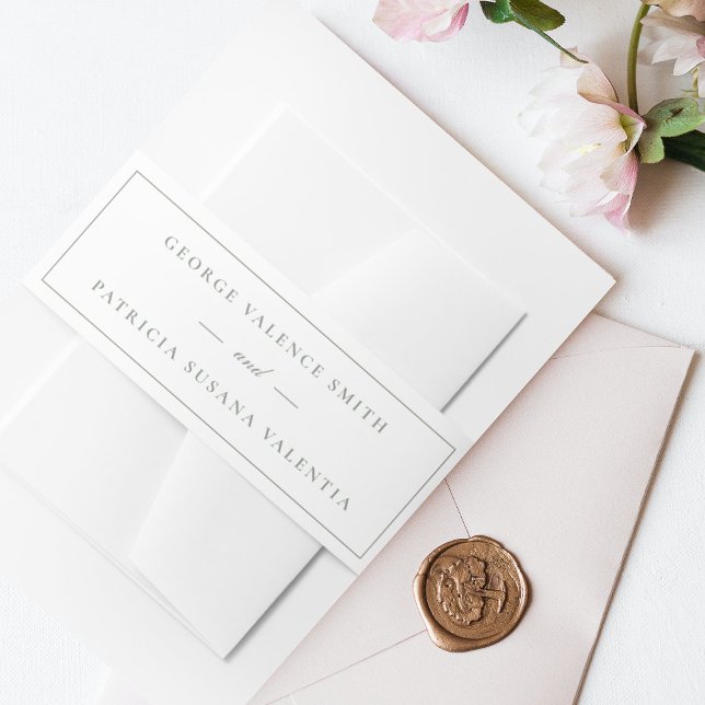 Framed | Calligraphy Elegant Green White Wedding Invitation Belly Band (Creator Uploaded)