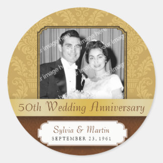 Framed Damask Golden 50th Anniversary Classic Round Sticker