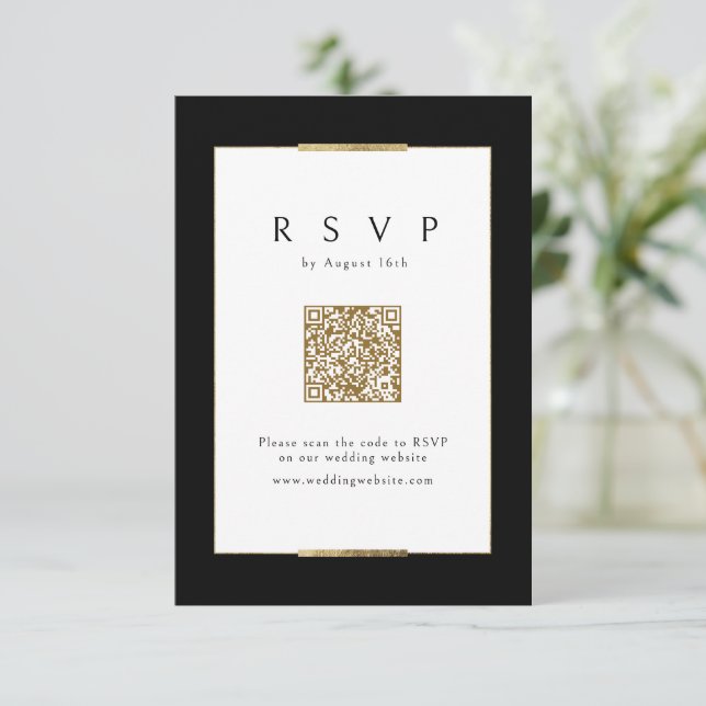 Framed Elegance Black Simple Modern Classy QR code RSVP Card (Standing Front)