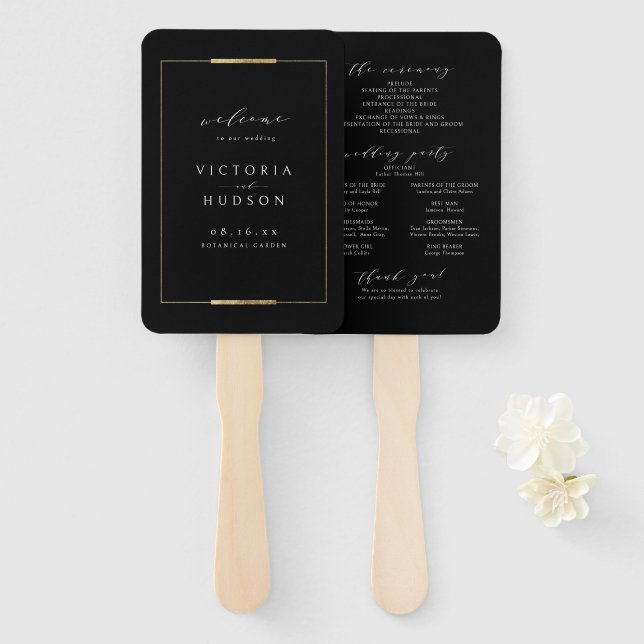 Framed Elegance Black Simple Wedding program Hand Fan (Front and Back)