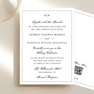 Framed Elegant Monogram White QR code Wedding Invitation