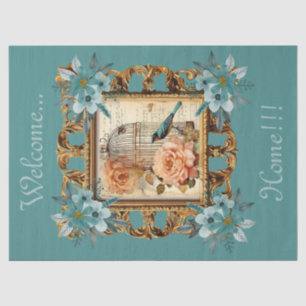 Framed Floral Bird Cage & Script Decoupage Tissue Paper