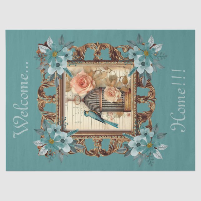 Framed Floral Bird Cage & Script Decoupage  Tissue Paper (Front)