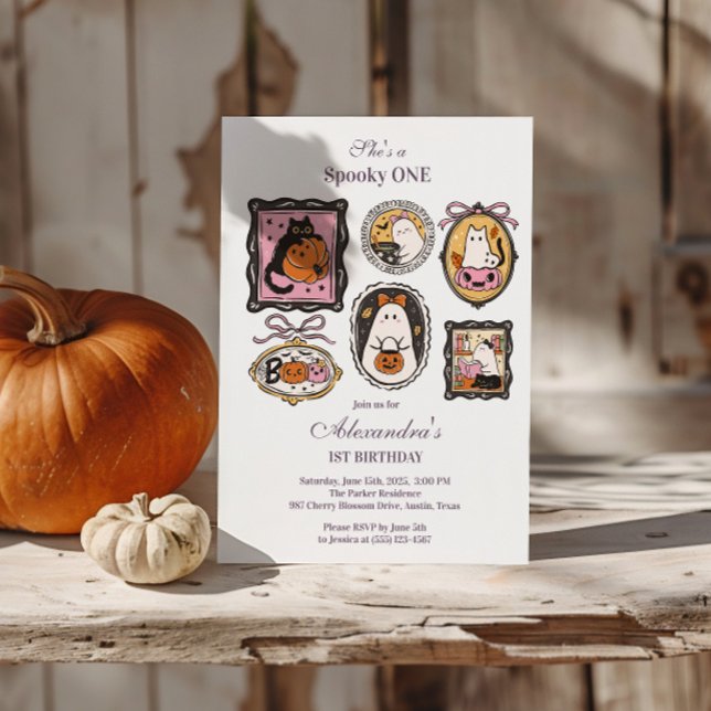 Framed Ghost & Cat Halloween 1st Birthday Invitation (Creator Uploaded)