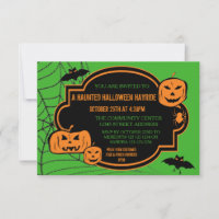 Framed Green/Orange Pumpkin - 3x5 Halloween Invite