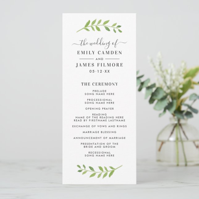 Framed in Watercolor Greenery Wedding Ceremony Programme (Standing Front)