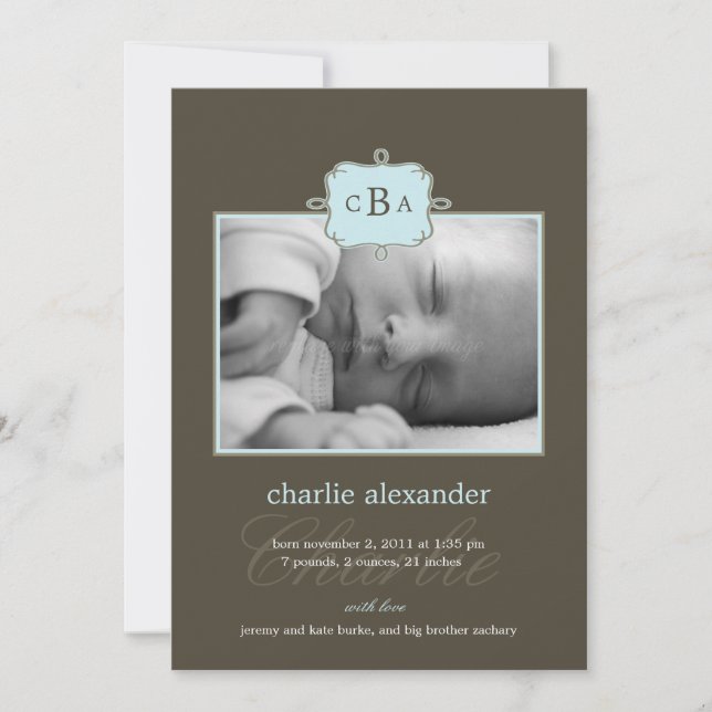 Framed Initials Birth Announcement - Blue/Grey (Front)