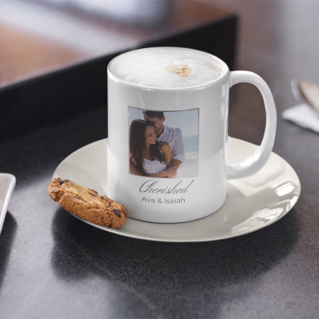 Framed Keepsake Coffee Mug (Coffee mug with framed photo design, soft watercolor border, and script word Cherished.)