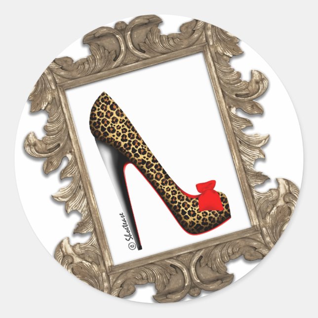 Framed Leopard Stiletto Pump Classic Round Sticker (Front)