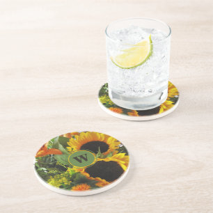 Framed Monogram Beautiful Sunflowers Sandstone Coaster